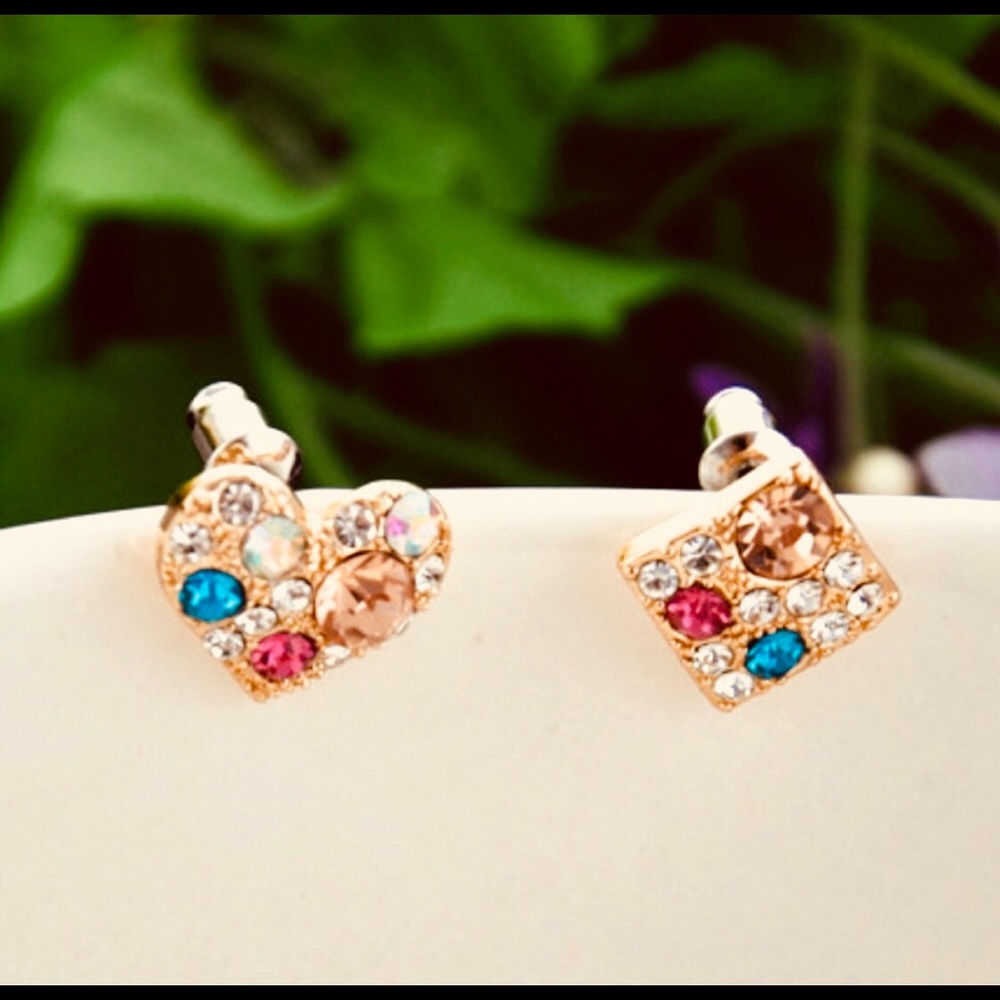 Multi Color Rhinestone Heart Square Earrings.